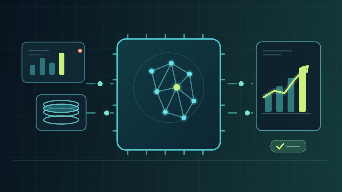 Business data flowing through connected AI systems into a rising analytics chart